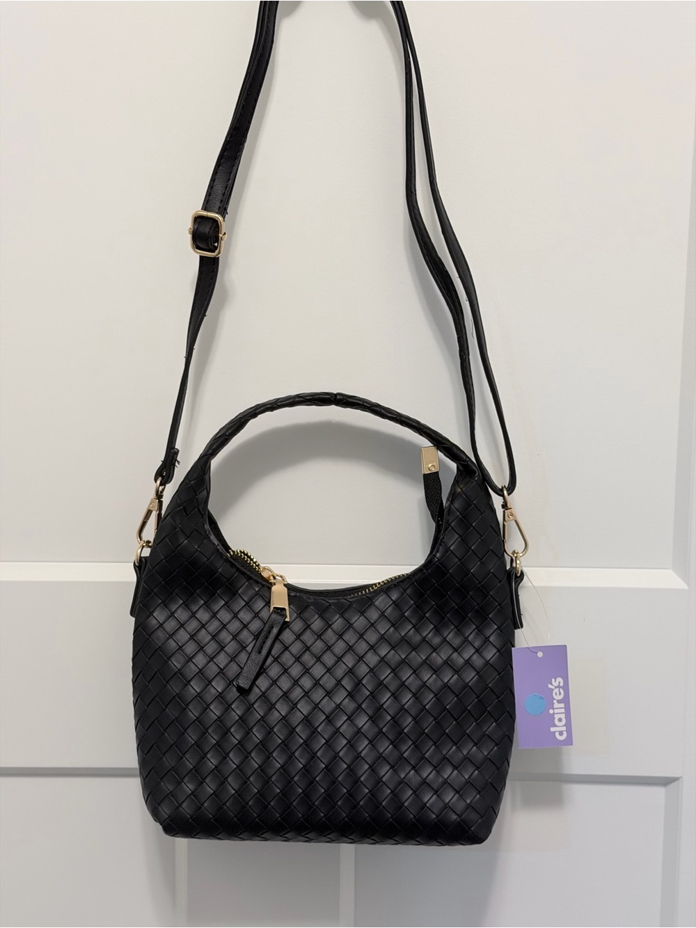 Claire's Black Woven Shoulder Tote with Gold Hardware